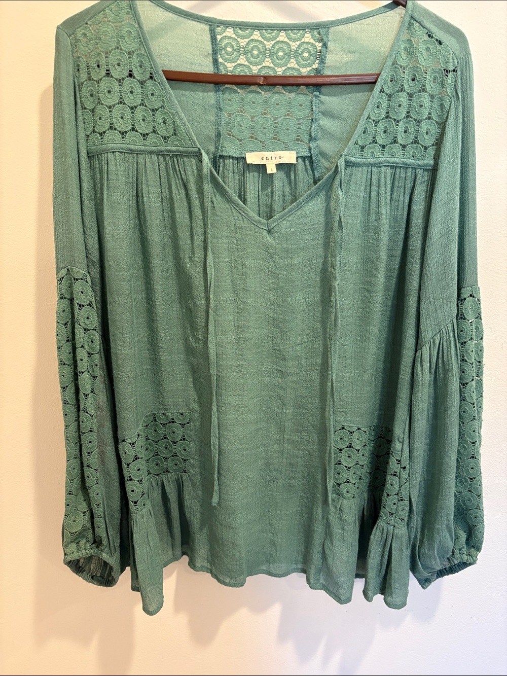 entro Sage Green Lace-Trim V-Neck Peasant Blouse